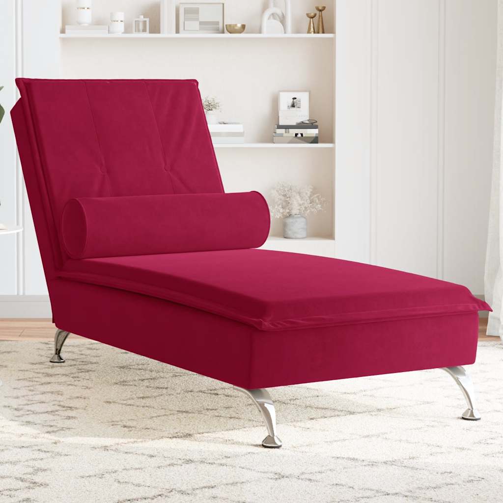 Massage Chaise Lounge with Neck Roll Burgundy Velvet