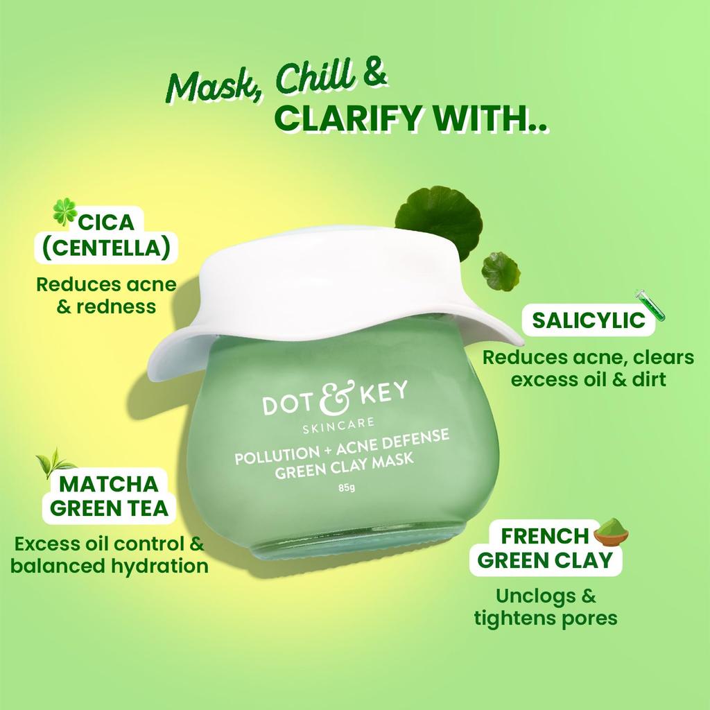 Dot & Key Pollution Acne Defense Grüne Tonerde Maske 85g | Entgiftende Gesichtsmaske für fettige & zu Akne neigende Haut