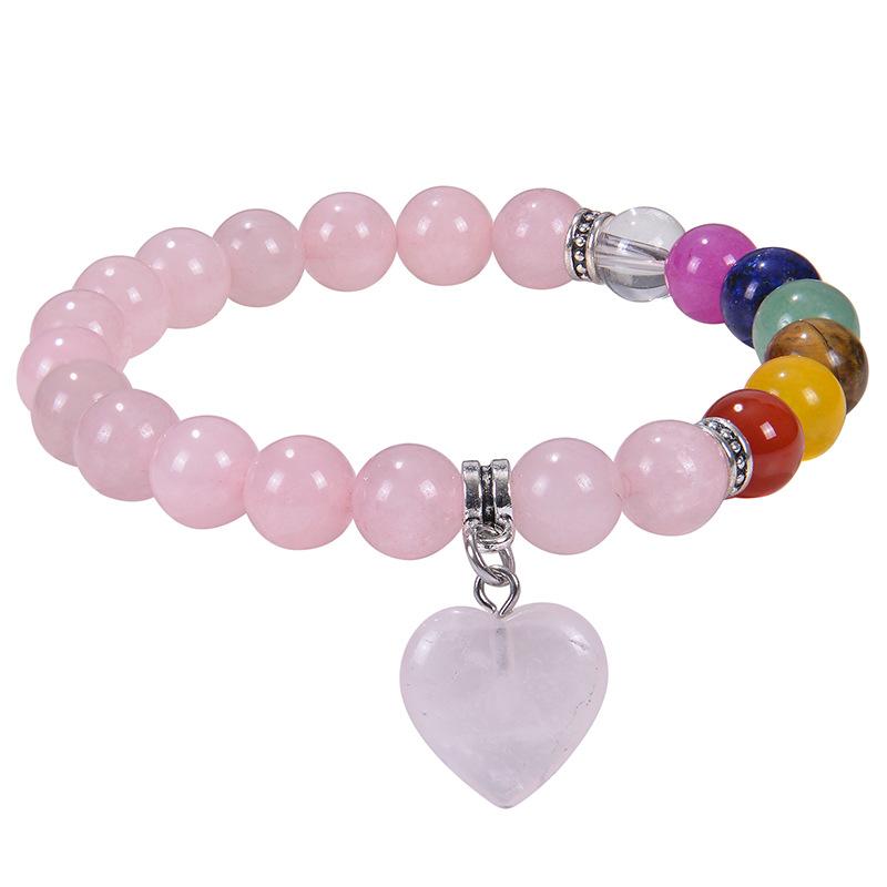 Bohemian Turquoise Rainbow Stone Bracelet with Natural Stone Heart Pendant, Beaded Elastic Cord Bracelet for Women