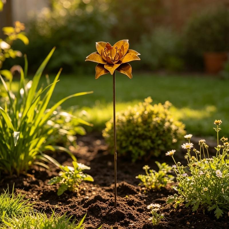 Garden Flower Stake with Iron Build for Yard Lawn Soil Placement, Metal Ground Insert Single Piece with Aged Finish, About 66.5 x 13 cm