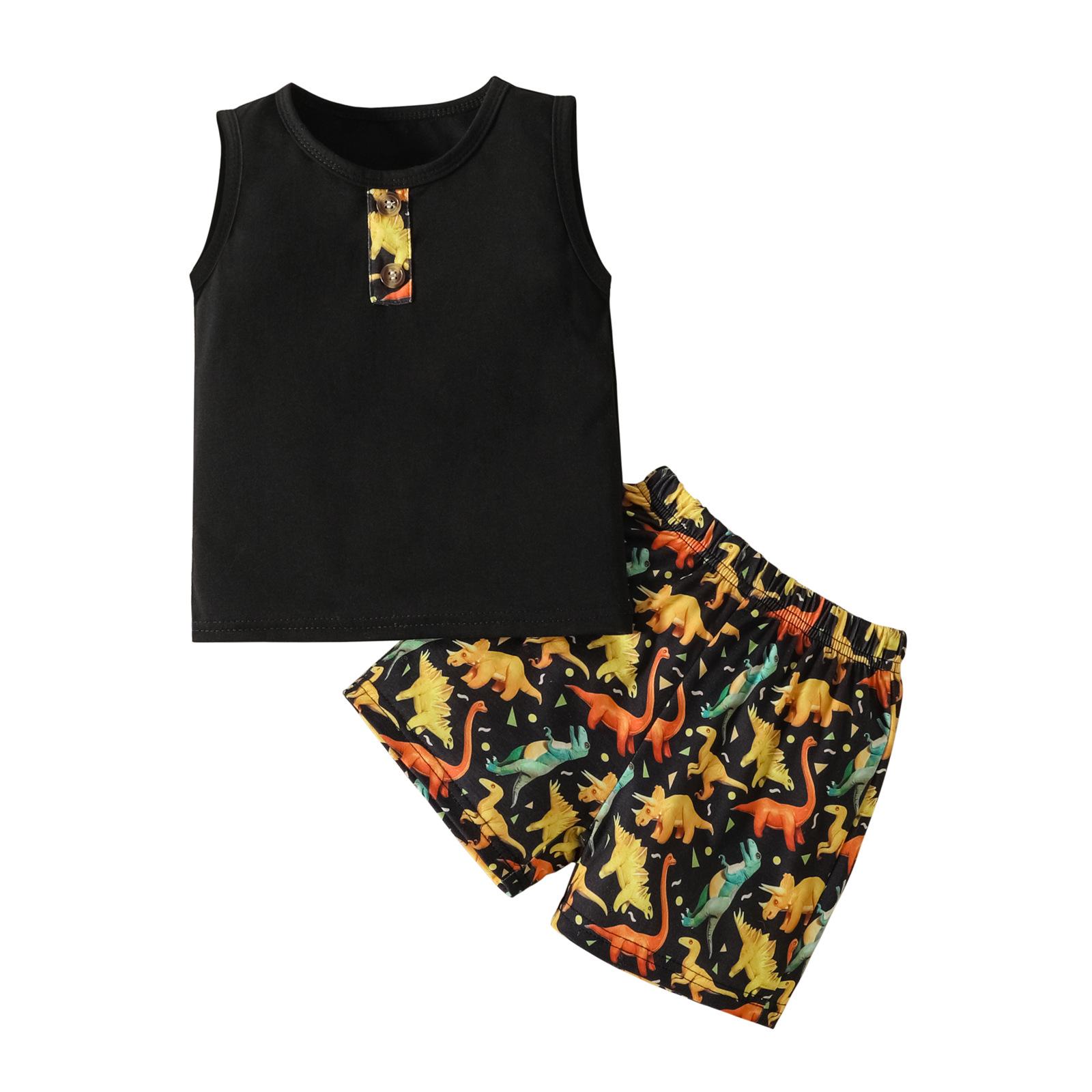 

Костюм для мальчика, летний черный жилет без рукавов с рисунком динозавра, топ + шорты, комплект из 2 предметов, костюм-рубашка для детей 1-6 лет 12M чёрный