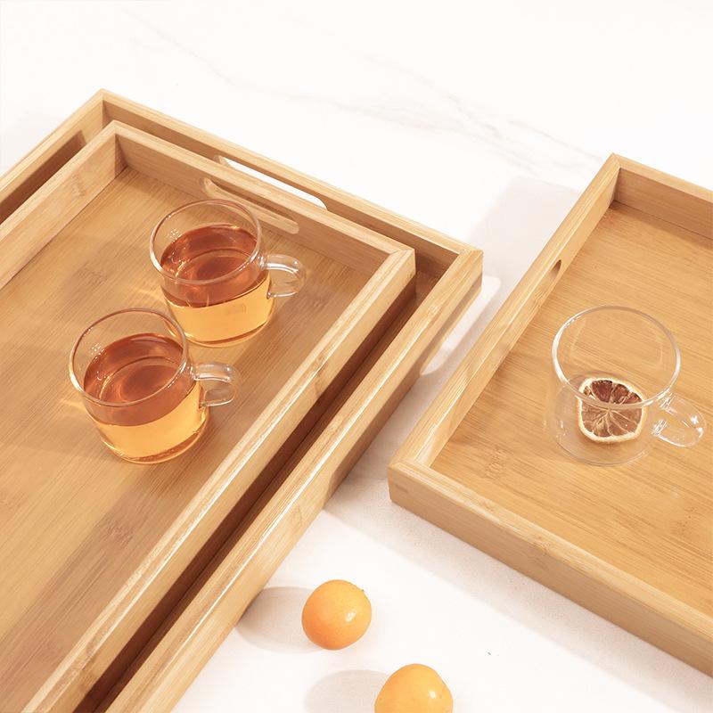 Bamboo Wooden Tea Tray Solid Wood Serving Tray Kung Fu Tea Cup Tray With Handle Rectangular Wooden Dinner Bread Fruit Food Plate