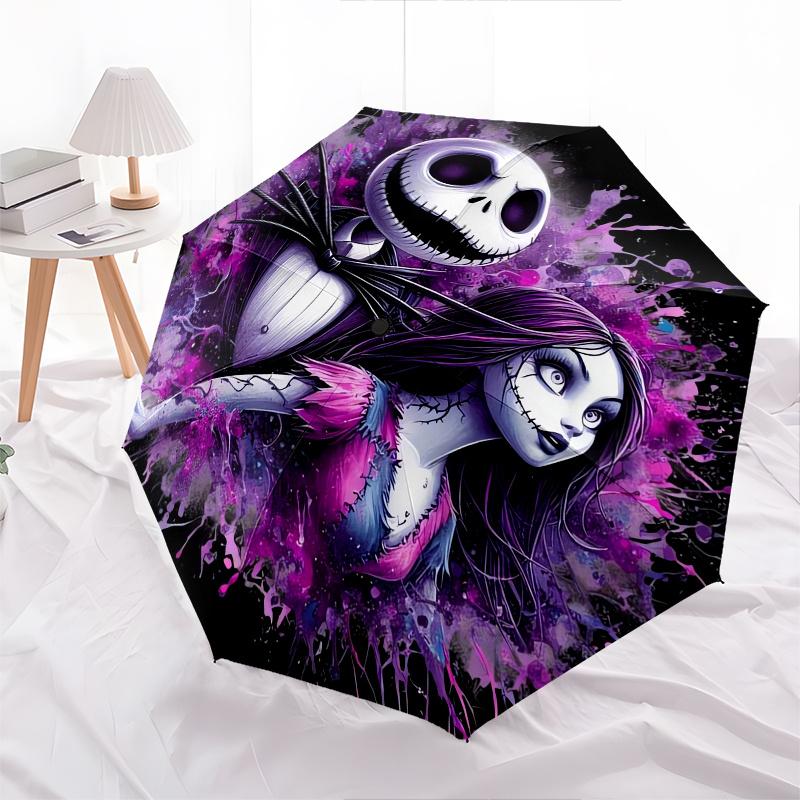 Jack Skellington, Sally Automatic Opening and Closing Umbrella, Compact Travel Umbrella, Lightweight and Portable, Suitable for Beach Commut