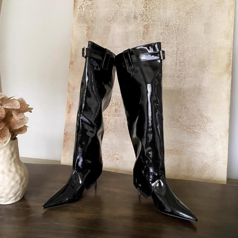 Autumn Winter New Two Wearing Slim Leg Patent Leather High Boots Women, Pointed High Heels, Thin Heels, Belt Buckle Long Boots