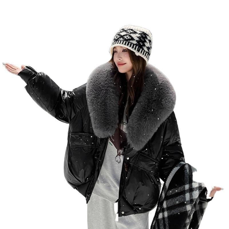 Winter Damen Baumwolljacke mit Daunen, Trendiger Stil, Einzigartiger Streetstyle, Großer Pelzkragen, Kurzer Kapuzen-Baumwollmantel