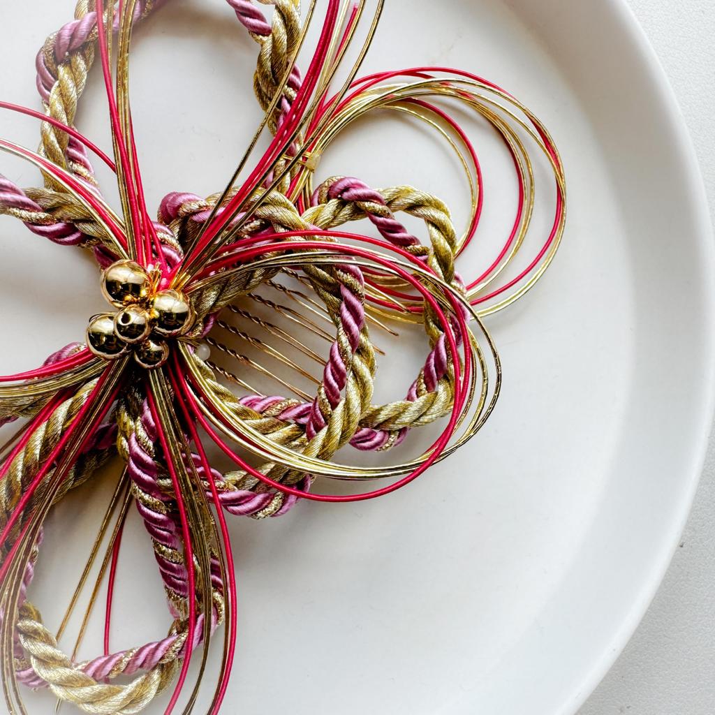 Hani. Pink Gold Mizuhiki Hair Ornament for Coming-of-Age Ceremony, Japanese Traditional Wear, Headpiece, Graduation Ceremony, Wedding, Bridal,