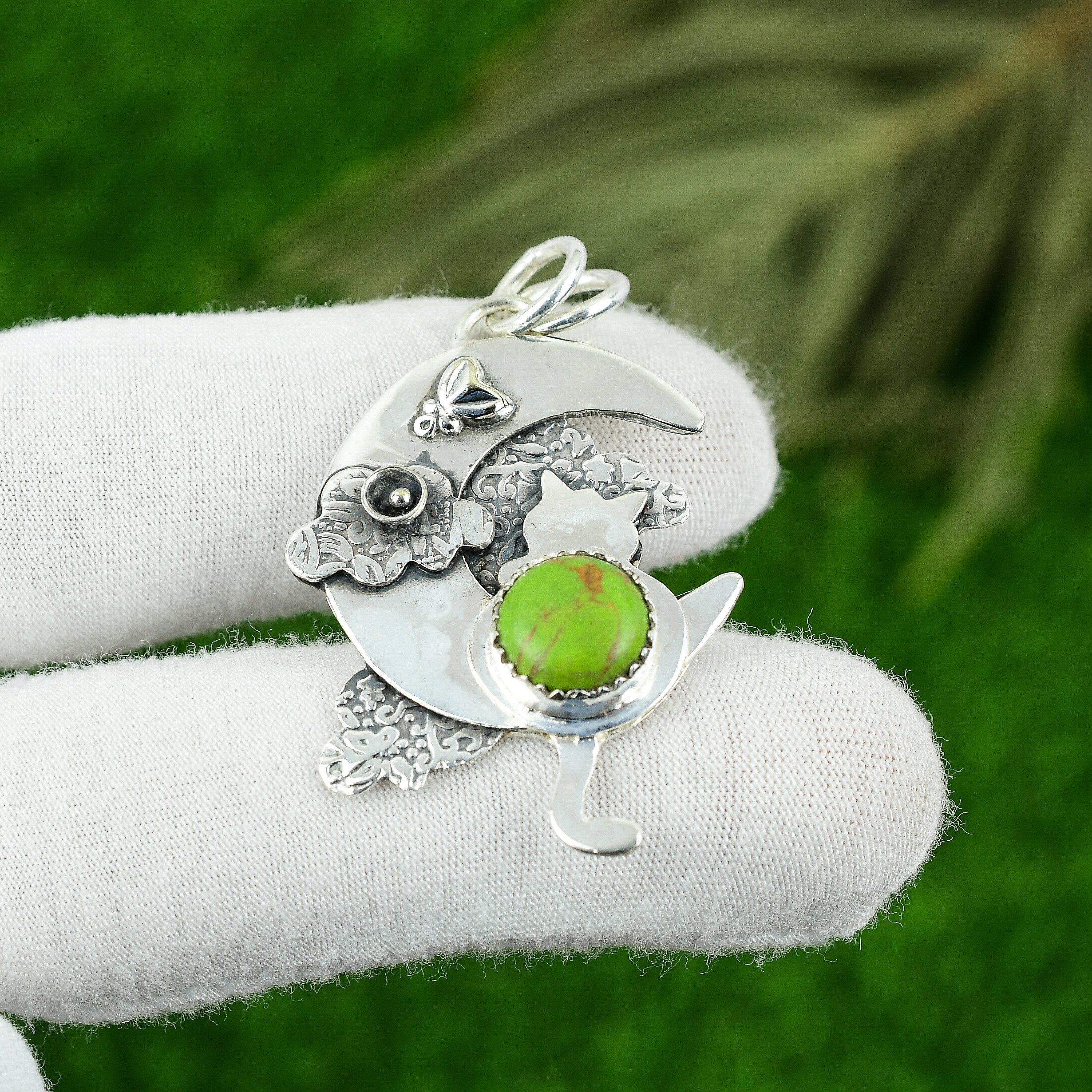 

Birthday Gift For Her Natural Copper Green Turquoise Gemstone Pendant 925 Silver