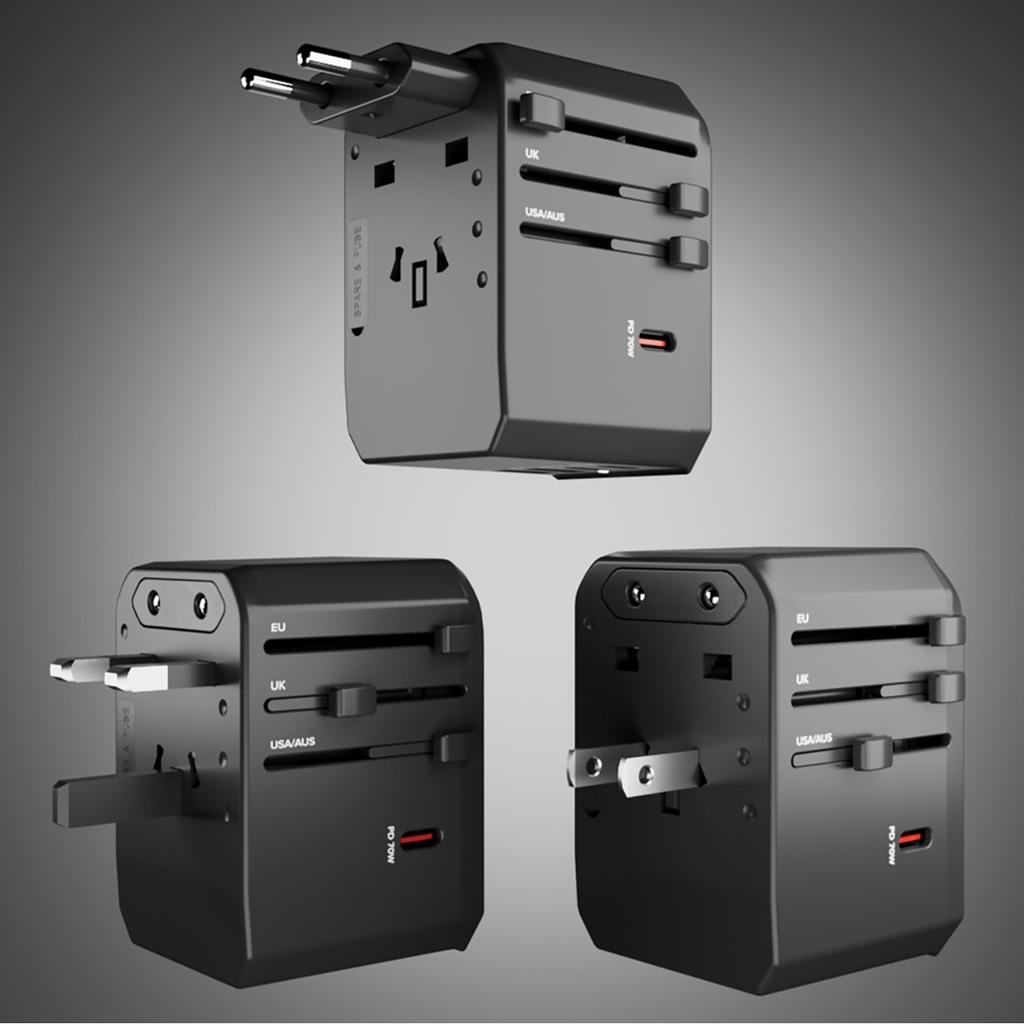 Adapter podróżny przejściówka do gniazdek EU UK US AUS USB-C USB-A GaN 70W - czarny