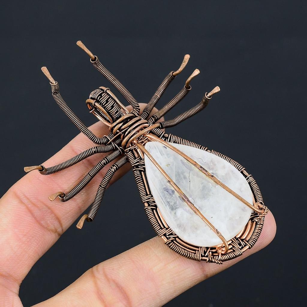 Natural Rainbow Moonstone Gemstone Copper Wire Wrap Spider Pendant 2.56" B0N50