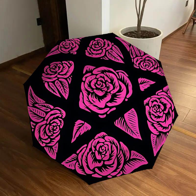 

1pc Rose Pattern Automatic Folding Umbrella, Portable Collapsible Design, 8-Rib Iron Frame, All-Season Casual Outdoor Accessory yy250905077