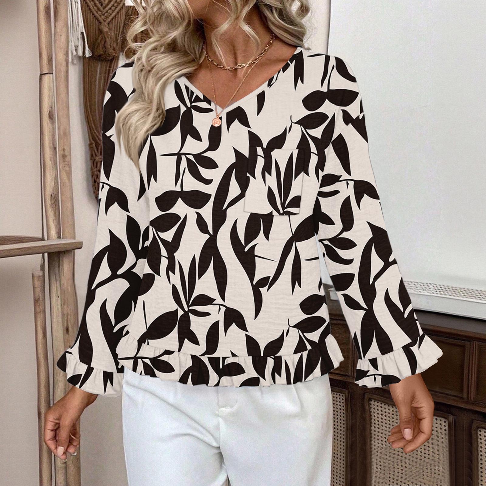 

Женский повседневный модный топ с оборками, V-образным вырезом, принтом и длинными рукавами L бежевый