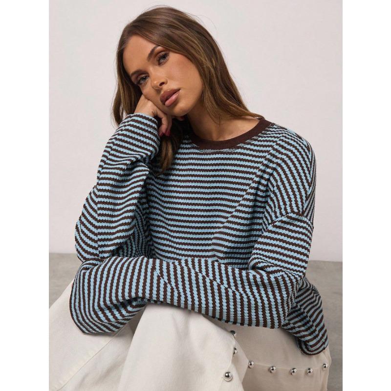 Womens Striped Knit Long Sleeve Loose T Shirt