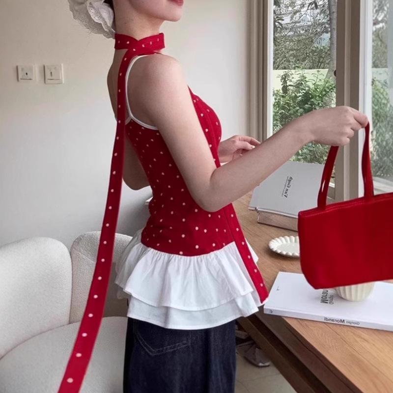 Women's Red Polka Dot Ballet-Style Bow Camisole with Ruffled Ribbon Trim