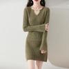 Women Sweater Dress 100% Wool V-neck Knit Long Pullover Winter Jumpers Wool Long Dress Female