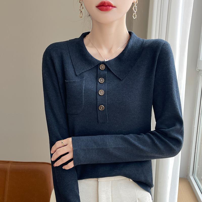 

Осенне-зимняя женская трикотажная рубашка с длинным рукавом и лацканами, свободный низ, свитер 2XL синий
