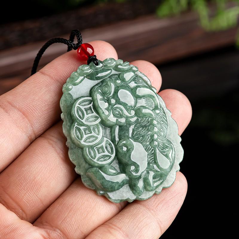Natural Grade A Jade Pixiu Pendant Necklace with Icy Jadeite Three Golden Coins