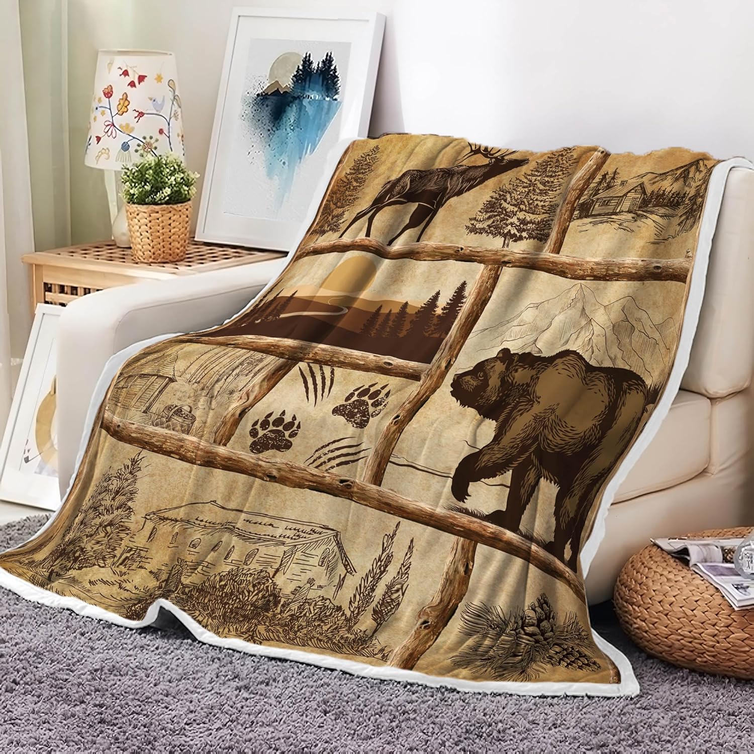 Textilien Unisex Coral Cabin Throw Blankets, Rustic Country Antique Bear Moose Forest Vintage Wood Cozy Warm Bed Couch Blanket, Farmfouse Loge Hunting
