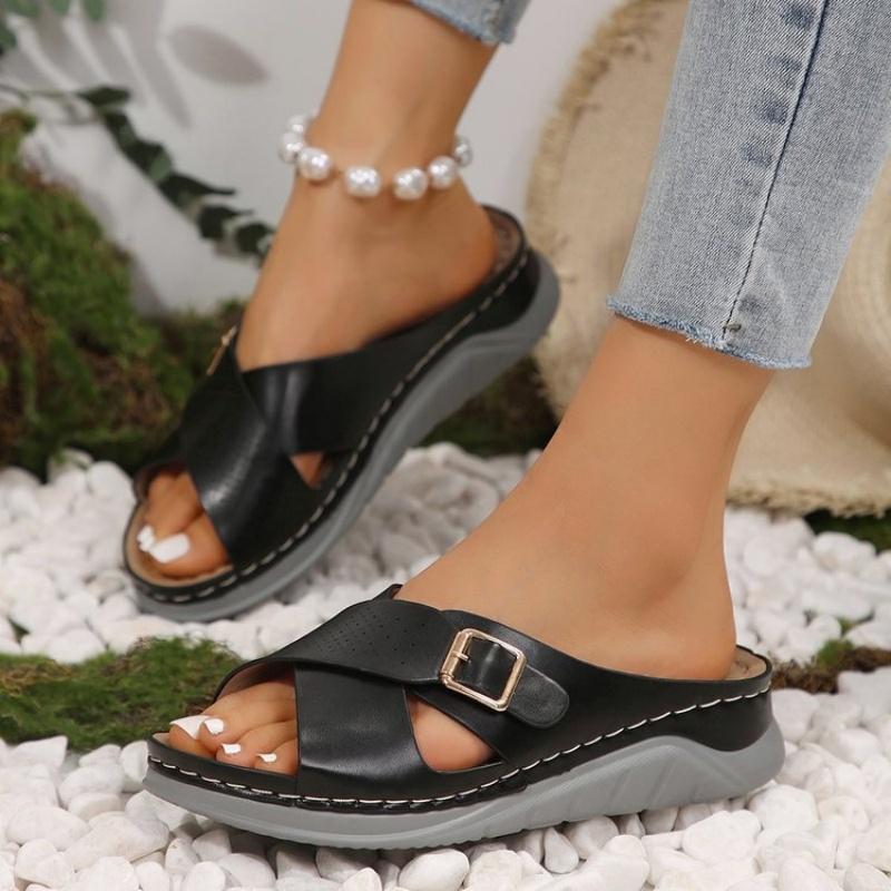Fashion Large size wedge slippers female 2025 summer new belt buckle sole double color sandals female