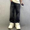 Jacquard Pattern Denim Pants Male Straight Fitting Baggy Bottoms Distressed Wide Jeans for Men