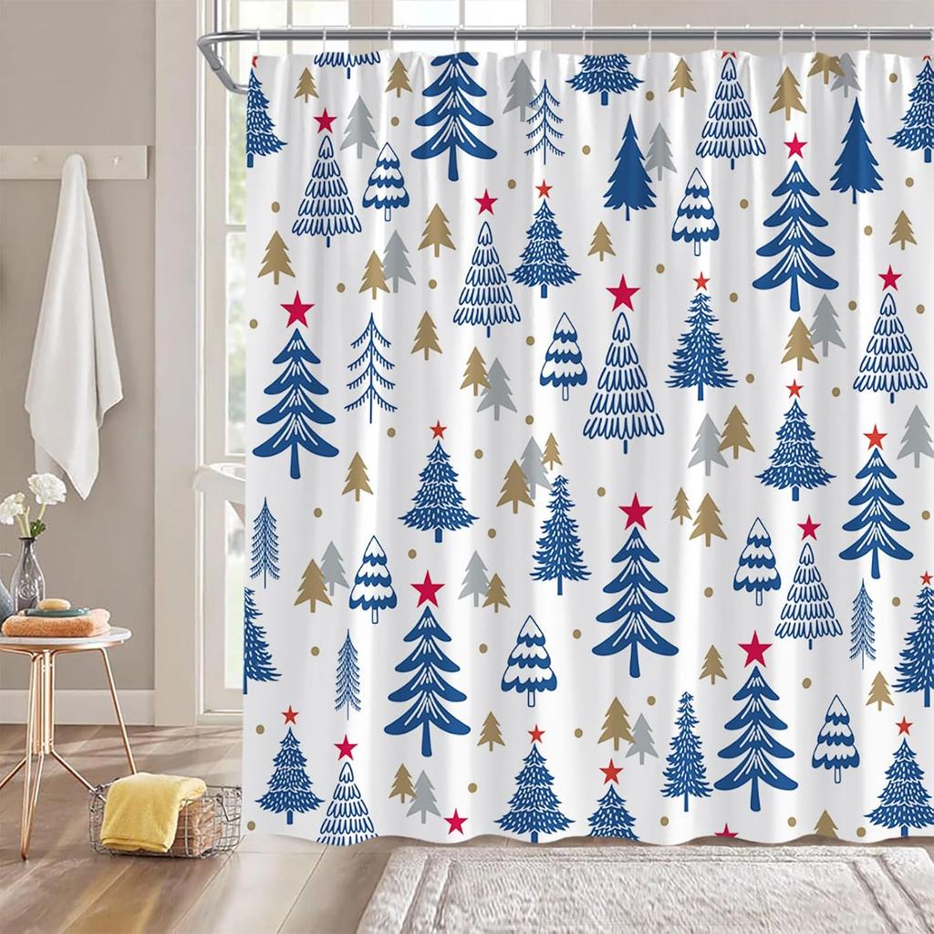 Christmas Tree Shower Curtain Blue Cute Xmas Tree Stars Cartoon Winter Holiday Merry Christmas New Year Bathroom Decor