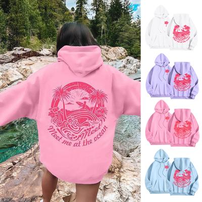 Women Fall Spring Hoodie Everything Comes In Waves Pink Graphic Long Sleeve Sport Top Loose Plush Casual Pullover with Pocket
