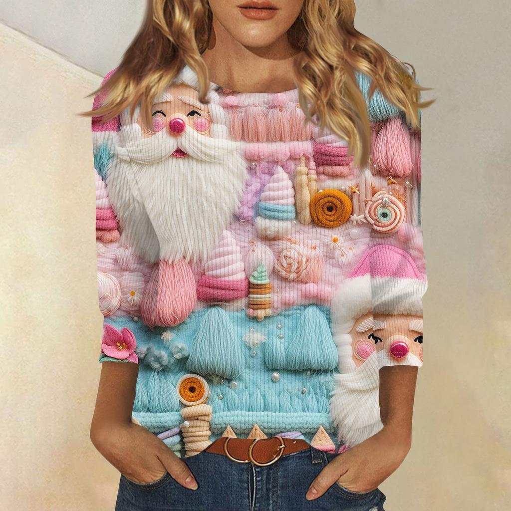 Damenmode und Winter Lässiges Rundhals-T-Shirt mit gebürstetem, geripptem Weihnachtsdruck und Dreiviertelärmeln, Damenbekleidung