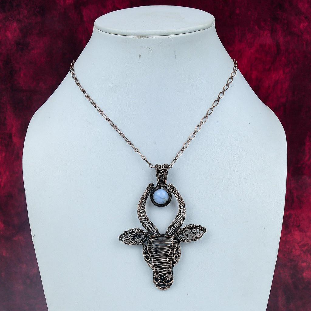 Blue Lace Agate Gemstone Pendant Copper Wire Wrapped Pendant Cow Face Jewelry