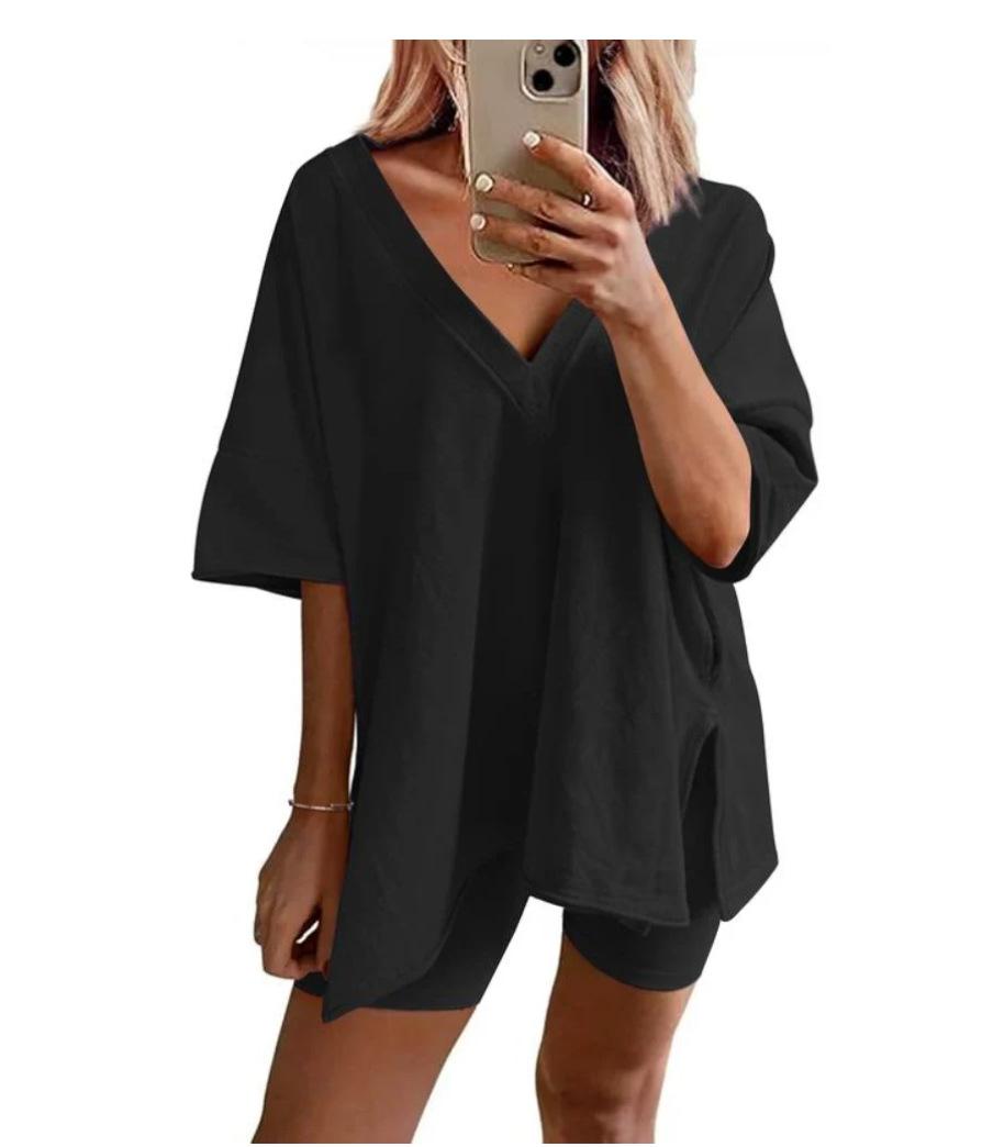 

Женский комплект с V-образным вырезом, топ свободного кроя с короткими рукавами и подходящие шорты, 6 вариантов цвета XL чёрный