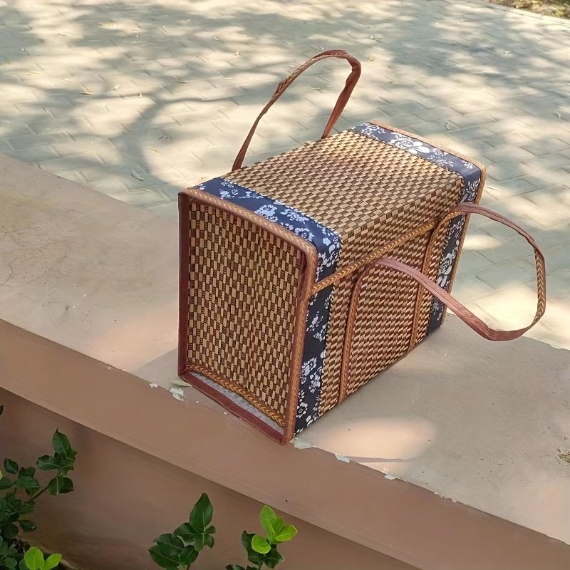 1pc Handcrafted Bamboo Picnic Basket With Handles, Rectangular Retro Style Foldable Bamboo Bag For Snacks & Fruits, Portable Woven Basket With Lid