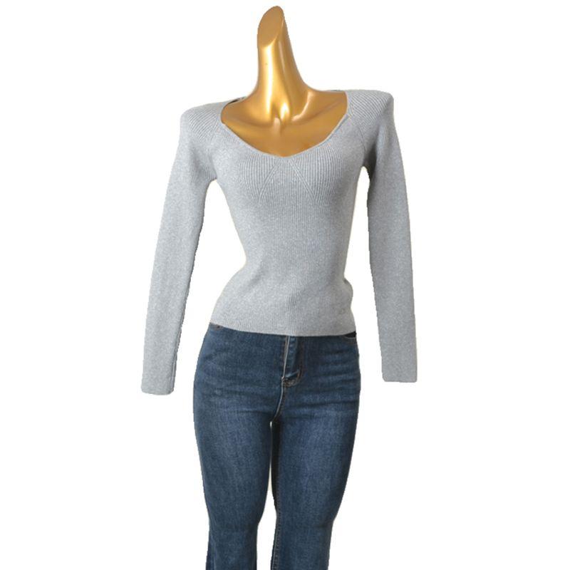 Single French Style V-neck Low-Cut Thread Knitting Bottoming Shirt Women's Spring New Arrival Gold and Silver Silk Slim Fit Slimming Long Sleeves