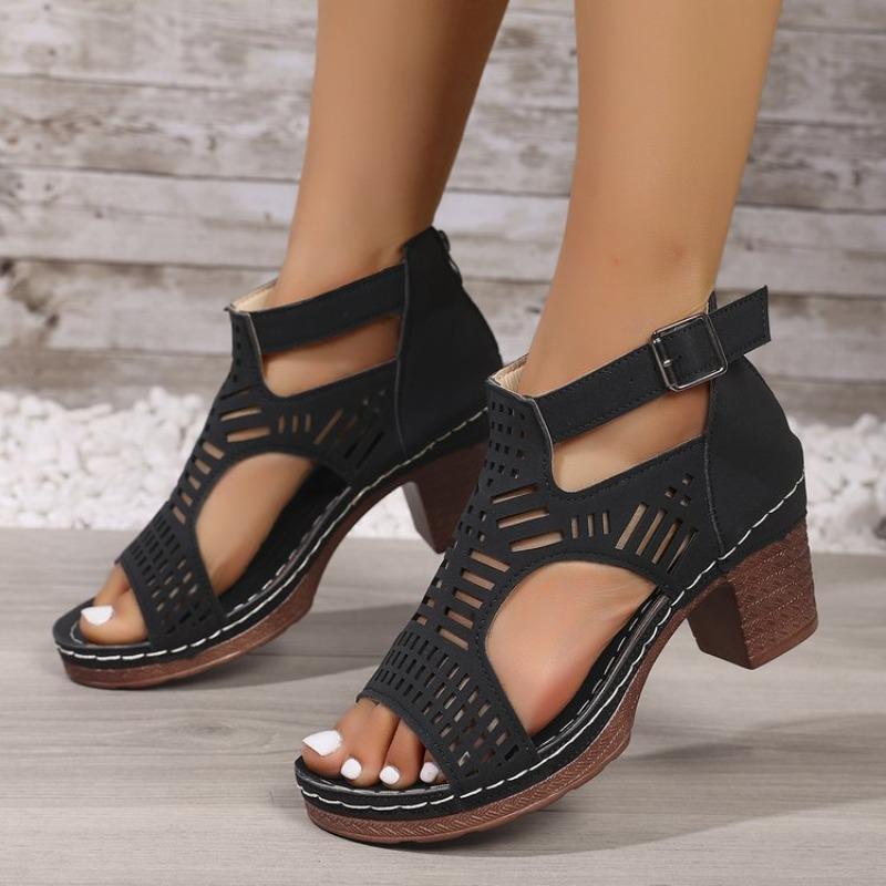 Roman Style Women'S Sandals Breathable And Stylish Hollow Out Fish Mouth Open Toe Ankle Strap Wedges Sandals For Outerwear