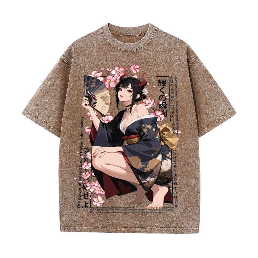 2026vintage Gewaschenes Beige Anime Kimono Mädchen Kirschblüten Grafik T-Shirt Japanischer Stil Druck Übergroß Lässig Kurzarm Tee