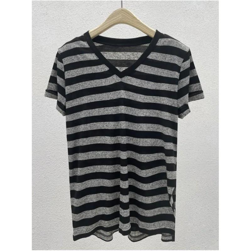 

Женская летняя футболка с V-образным вырезом, тонкая, свободная, в полоску, средней длины, с коротким рукавом, повседневные топы для ношения под низ XS черный серый