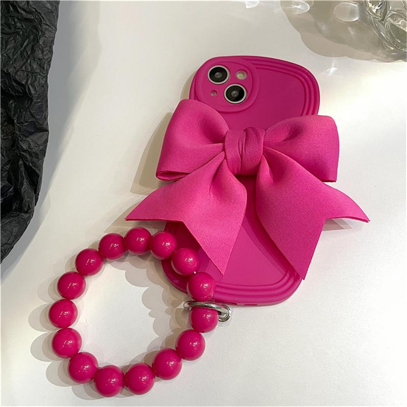 Ins Korea Cute 3d Pink Bowknot Wristband Bracelet Phone Case For Iphone 13 12 11 Pro Max Xr X Xs Plain Shockproof Soft Cover