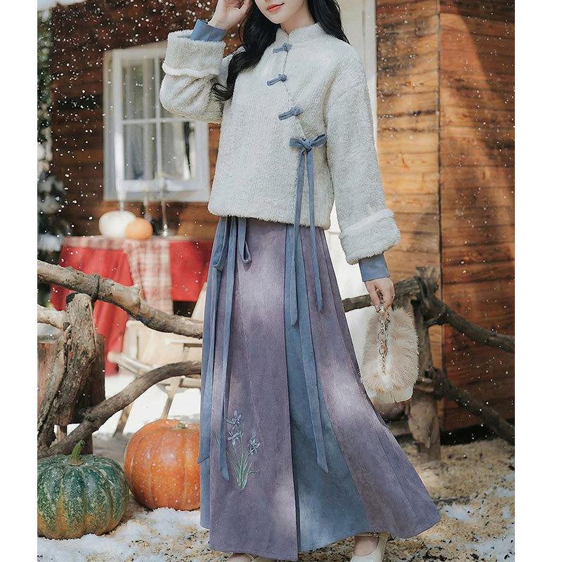 2025 Autumn/Winter Lazy Chinese Style Jacket & Wide-Hem Skirt Two-Piece Set for Daily Commute