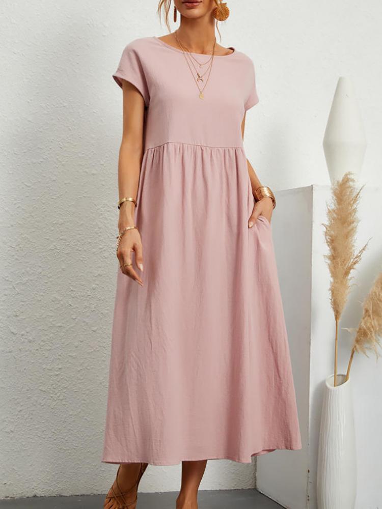 European and American Short-Sleeve Round Neck Cotton-Linen Long Dress with Pockets