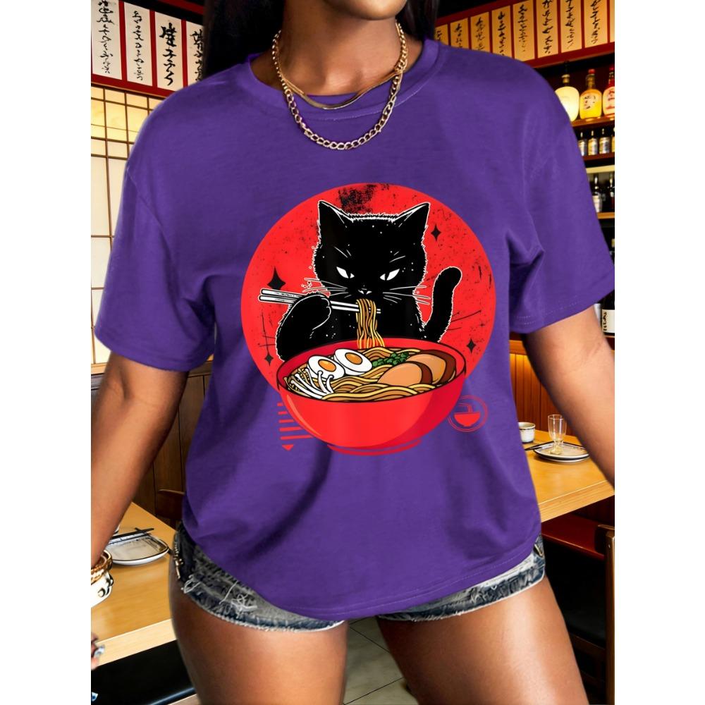 Geniet Van De Kat Van Lamian Noodles Print T-Shirt Dames Zomer Ademend Korte Mouw Hip Hop Kleding Ronde Hals T-Shirt