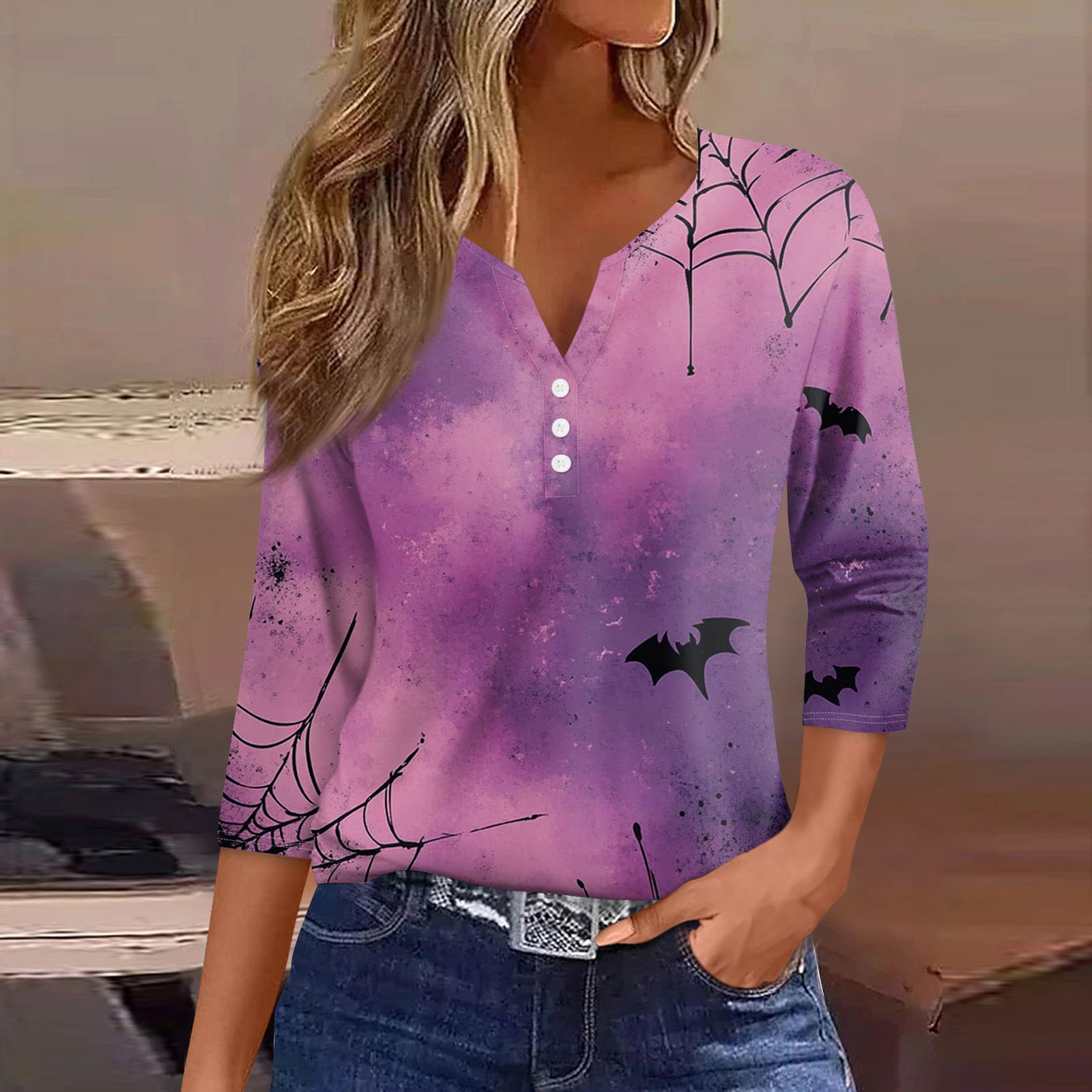 

Женская модная повседневная футболка с V-образным вырезом, рукавами семь, напечатанным на пуговицах L фиолетовый