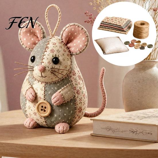 Proyecto de Costura con Tela Floral Patchwork Ratón Kit DIY, Set de Manualidades Hecho a Mano con Tela, Relleno y Botones Lindos de Decoración de Peluche, Adorno Relleno