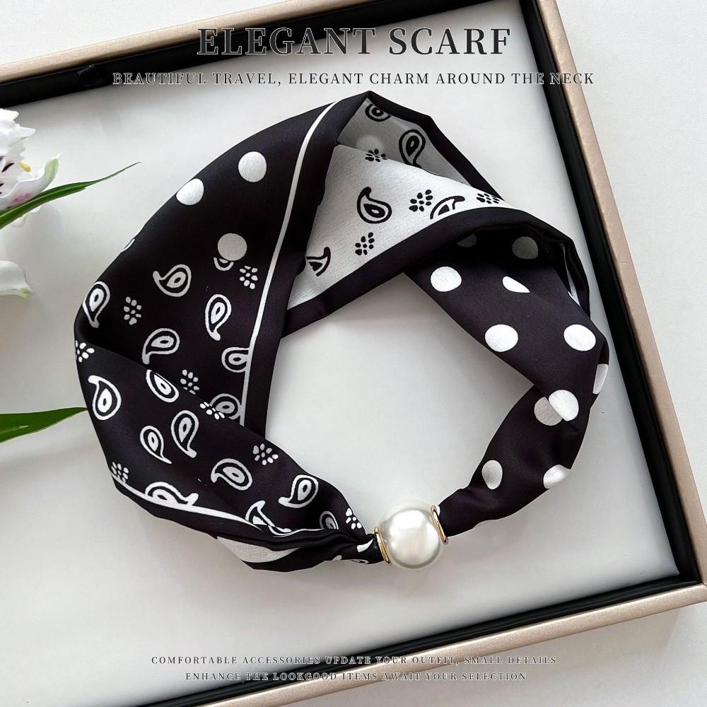 Thin Pearl Silk Scarf Magnetic Clasp Neck Wrap Fashion Neckerchief  for Women