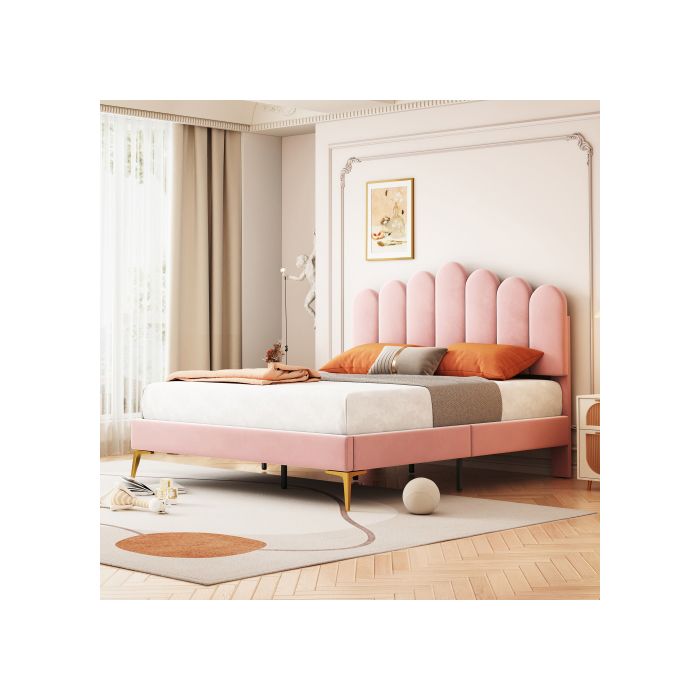 Lit double - MUVOE - 140 x 200 cm - Velours rose - Tête de lit réglable - 250 kg de charge