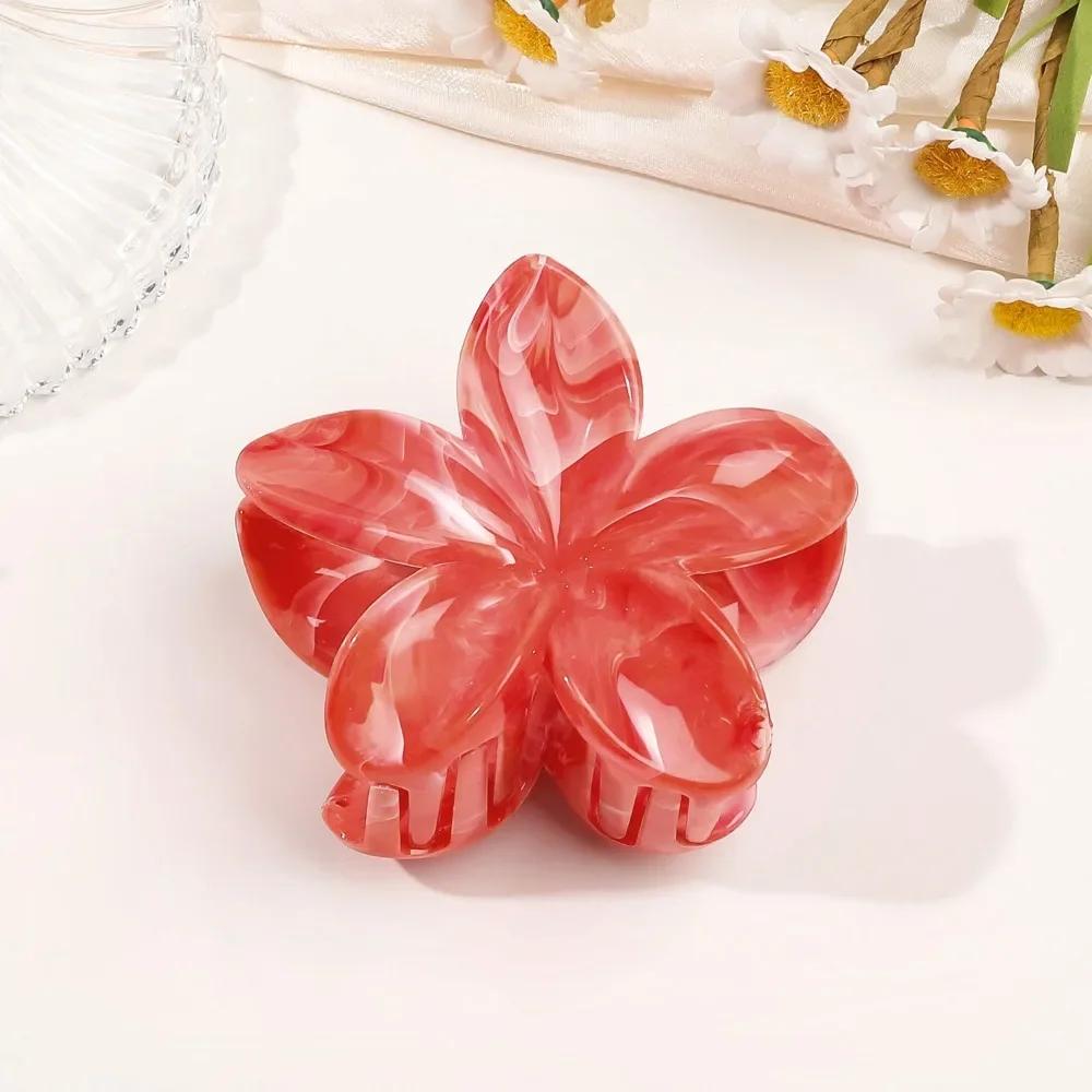 8cm Marble Pattern Frangipani Flower Hair Claw for Women Handmade Dyeing Design Acrylic Large Shark Clips Vacation Accessories