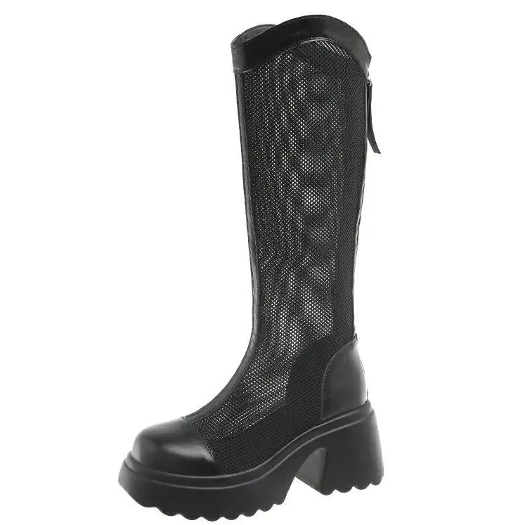 7CM Female Summer Knee-high Mesh High Boots Women ZIP Breathable Mesh Knight Boots Thick Heel Hollow Long Cool Boots Botas Mujer