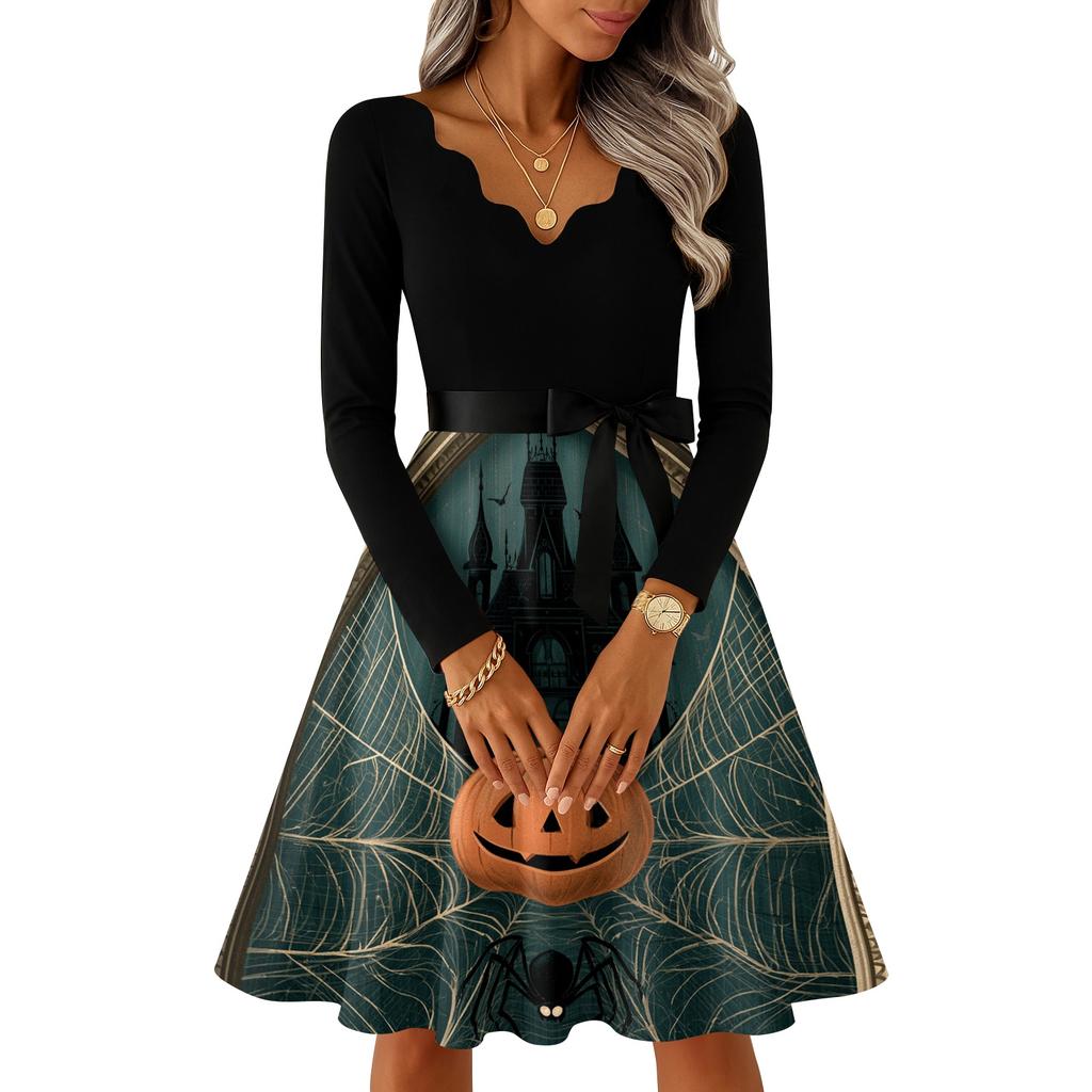 Women's Casual V-Neck Long Sleeve Dress with Halloween Print Retro