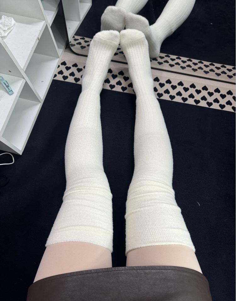 Autumn And Winter Milk White Thermal Stockings Jk College Style Splicing High Tube Socks Japanese Women'S Pile Socks White Knee Socks