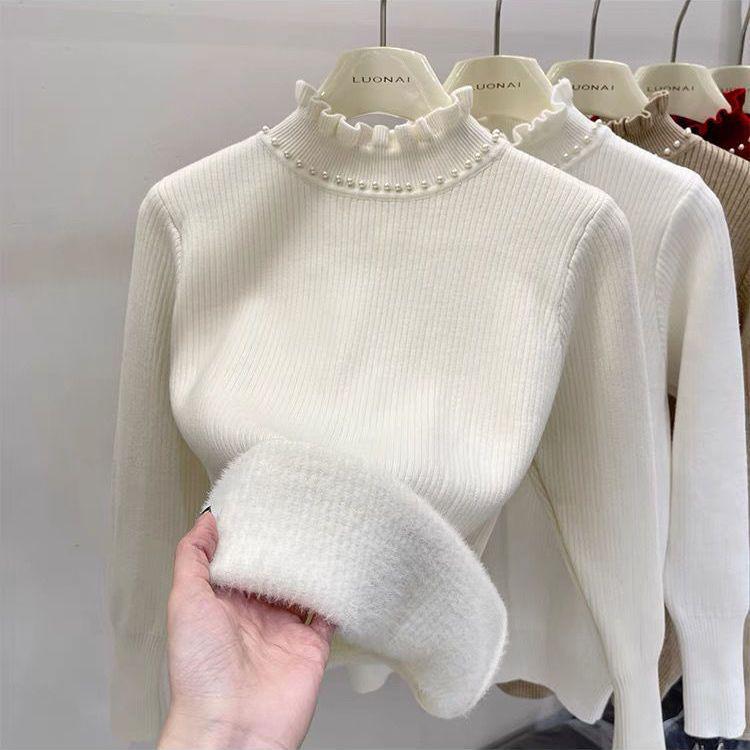 Pulover Tricotat cu Guler de Catifea cu Mărgele pentru Femei Toamnă/Iarnă