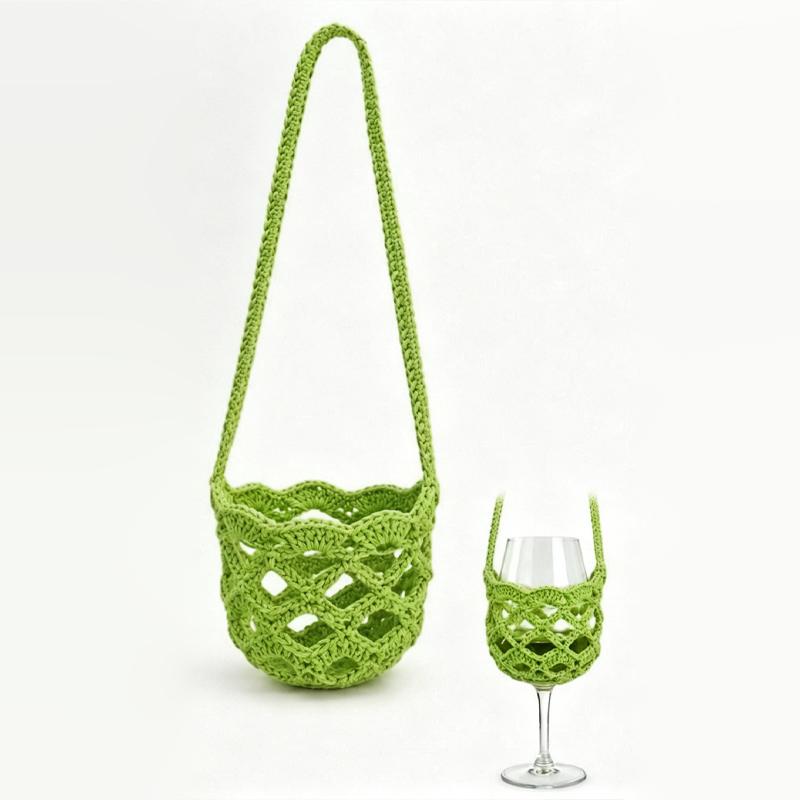 Portable Knitted Crochet Wine Glass Crossbody Holder Hollow Stylish Sleeve for Patio Gathering Cocktail Party 1Pcs