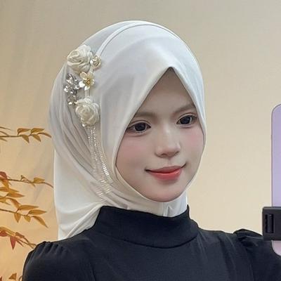 Elastic Flower Tassel Hijab Cap Breathable Head Wrap Elegant Pre-Tied Headscarf Home