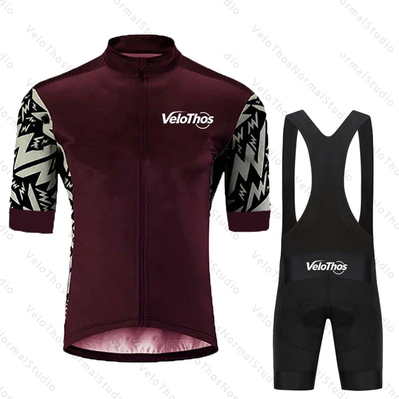VeloThos Summer Cycling Jersey Set Short Sleeve and Bib Shorts Sport Camping Pro Race Bicycle Clothing MTB Ropa Maillot for Men