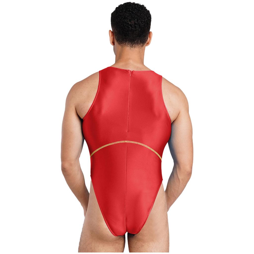 Ärmelloser glänzender Einteiler für Herren, hoch geschnitten, Farbblock-Bodysuit für Strand und Sonnenbaden S-XXL